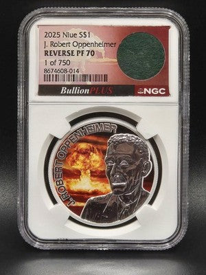 2025 Niue J. Robert Oppenheimer Commemorative $1 Grade: REVERSE PF 70