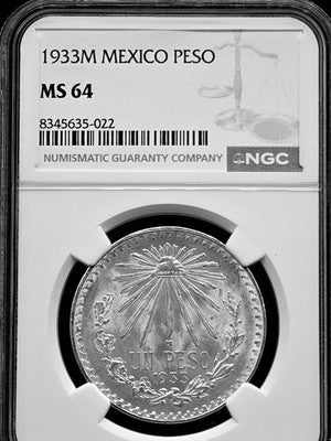 1933 M Mexico Peso 1 Peso Grade: MS 64