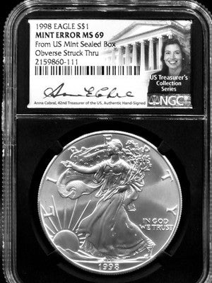 1998 United States American Silver Eagle $1 Grade: MS 69 Mint Error Anna Cabral