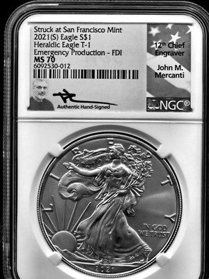 2021 United States American Silver Eagle $1 Grade: MS 70 Mercanti Signed