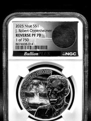 2025 Niue J. Robert Oppenheimer Commemorative $1 Grade: REVERSE PF 70