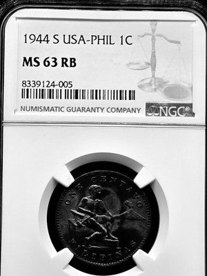1944 S Philippines USA-Philippines Centavo 1C Grade: MS 63 RB