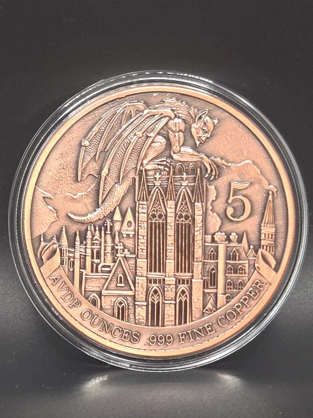 Gargoyle Gothic Cathedral 5 oz Copper Round – Fantasy Medieval Design – .999 Fine Copper