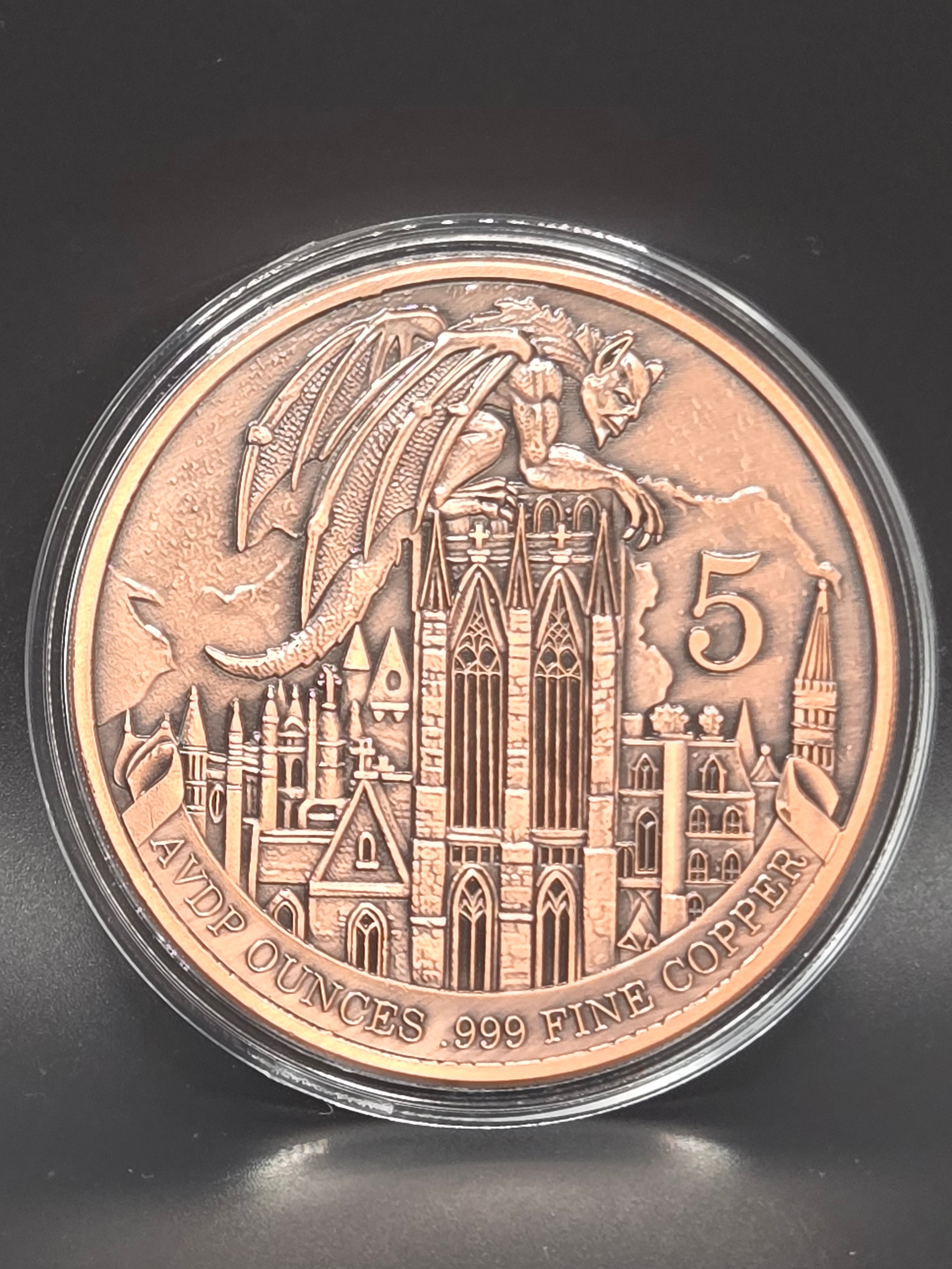 Gargoyle Gothic Cathedral 5 oz Copper Round – Fantasy Medieval Design – .999 Fine Copper