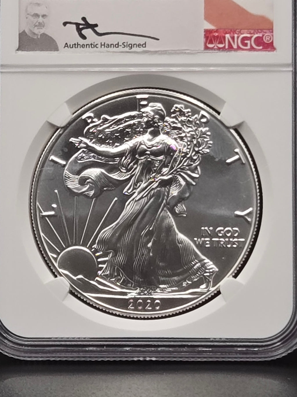 2020 American Silver Eagle MS70 – NGC Mercanti Signed Label – 1 oz .999 Silver