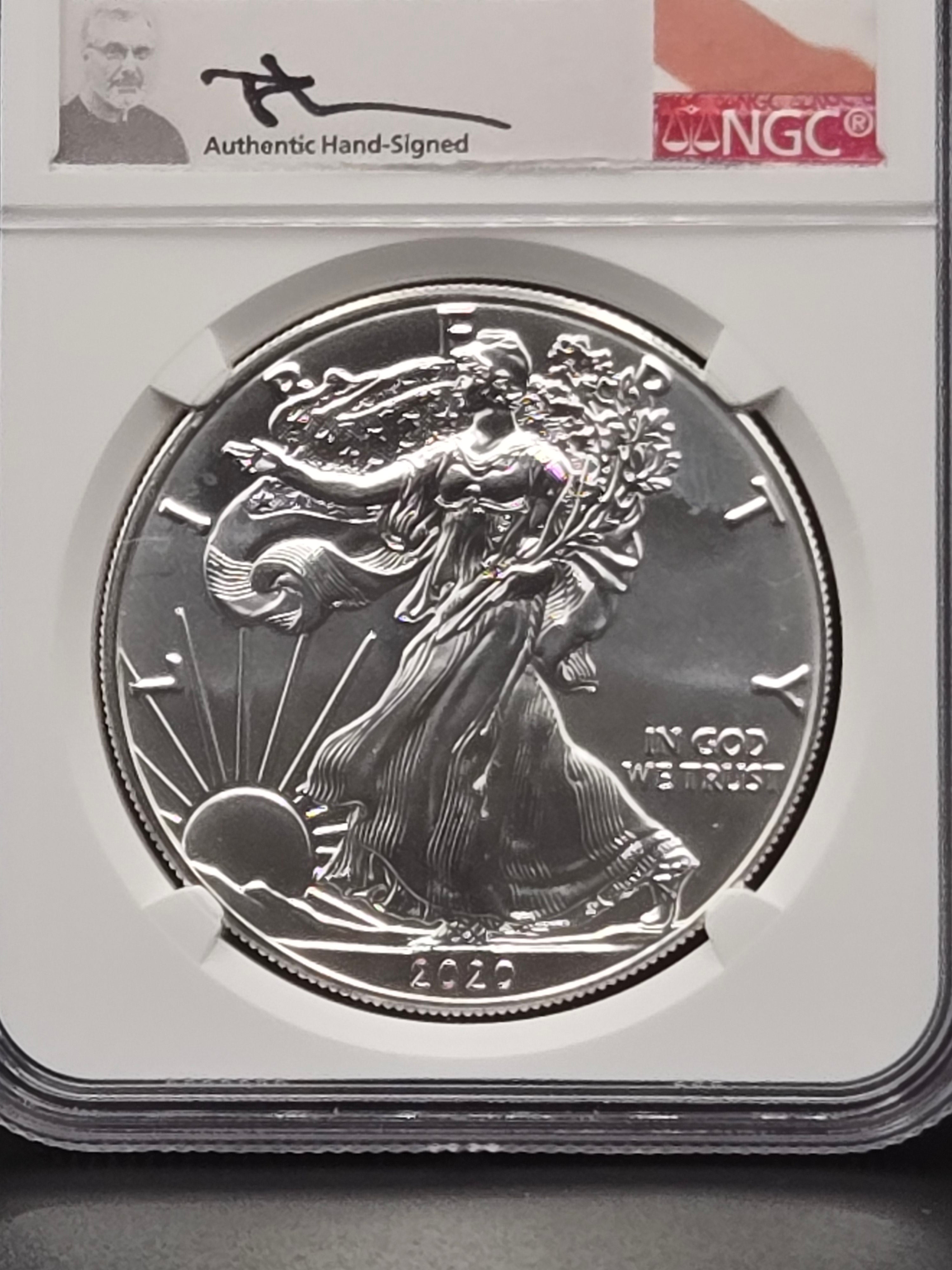 2020 American Silver Eagle MS70 – NGC Mercanti Signed Label – 1 oz .999 Silver