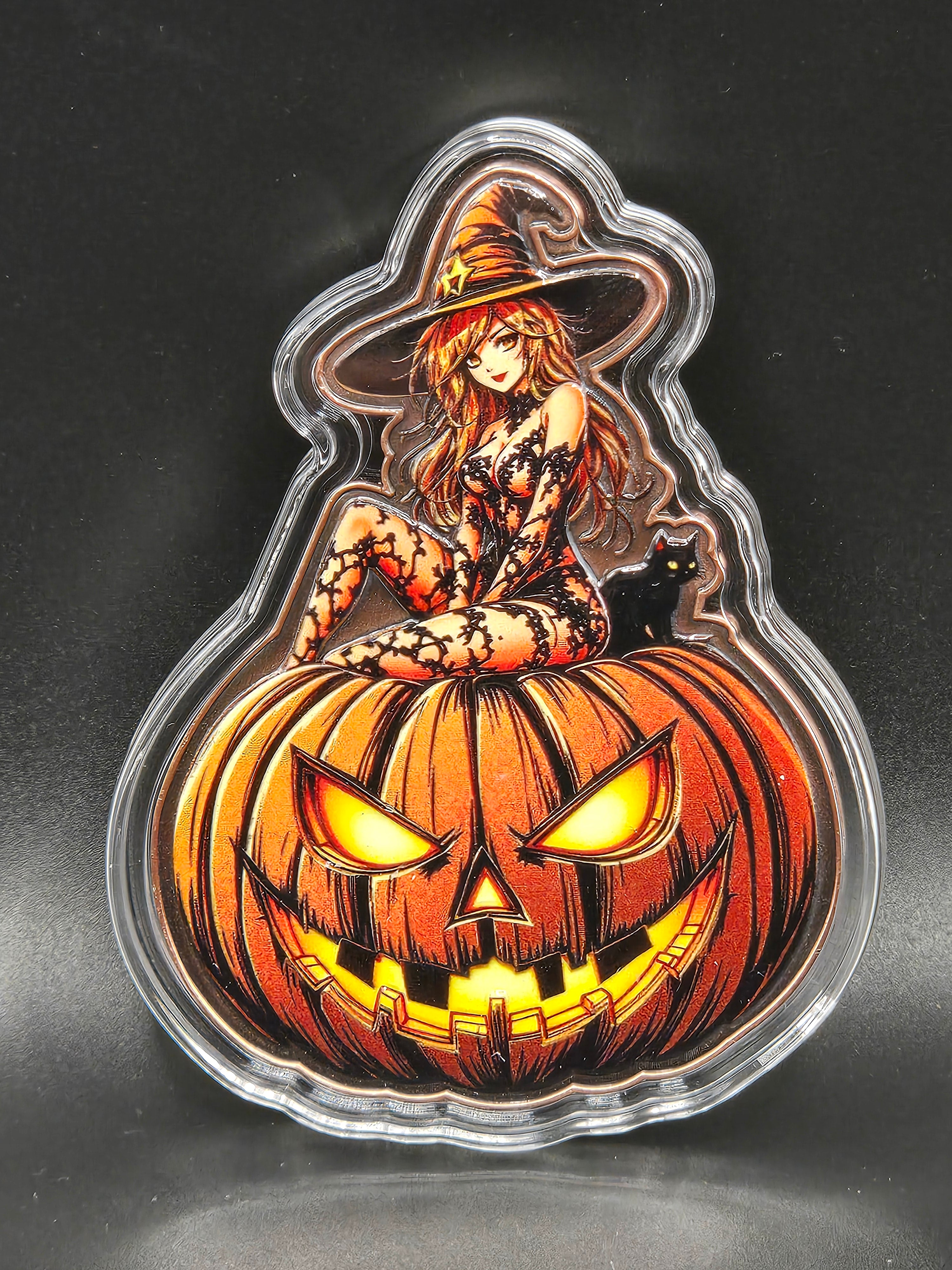 Halloween Witch Pumpkin 2 oz Copper Round – Colorized Shaped COOZCOIN – .999 Fine Copper
