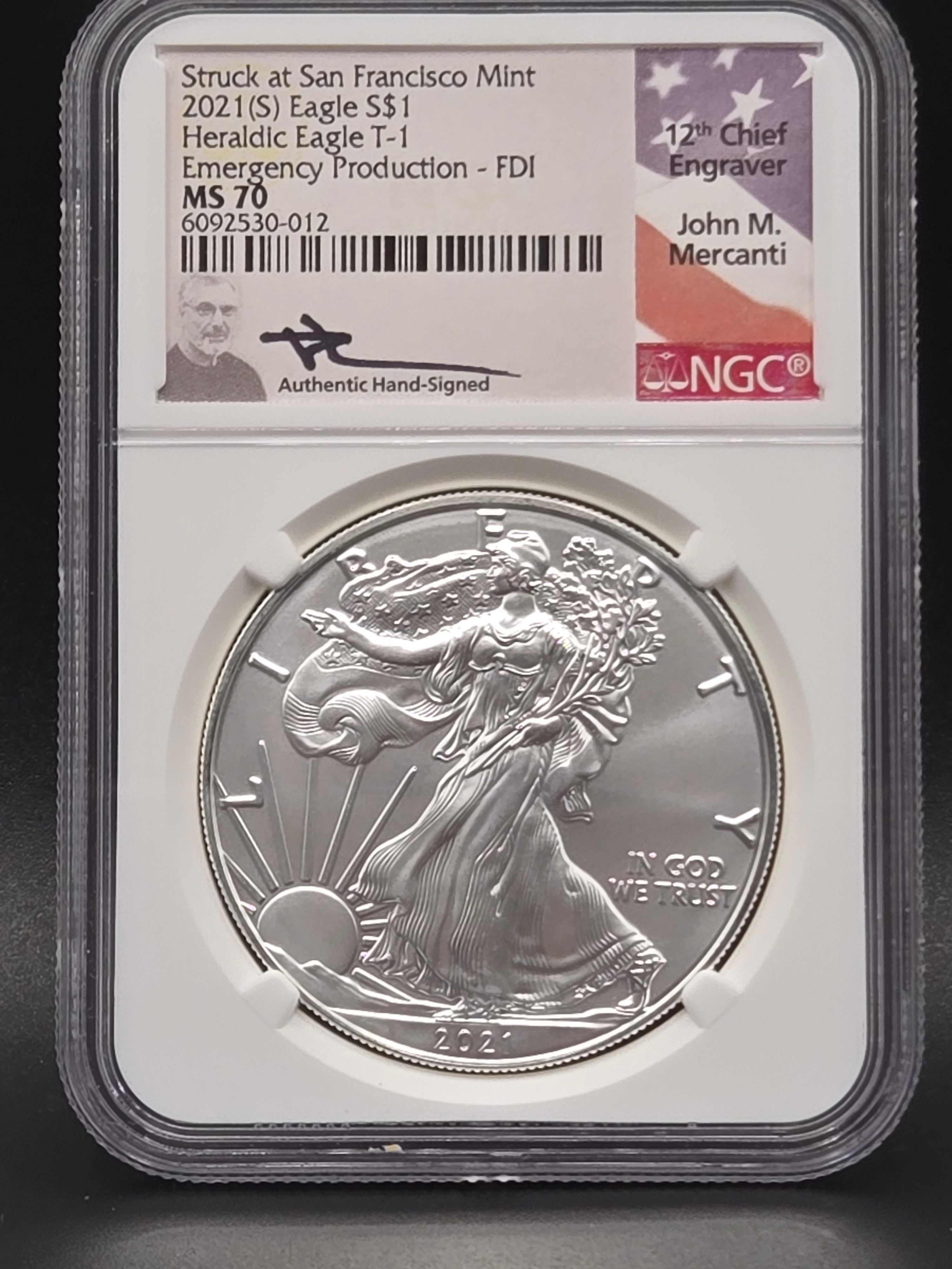 2021 (S) American Silver Eagle T-1 Emergency Production MS70 – NGC Mercanti Signed – San Francisco Mint