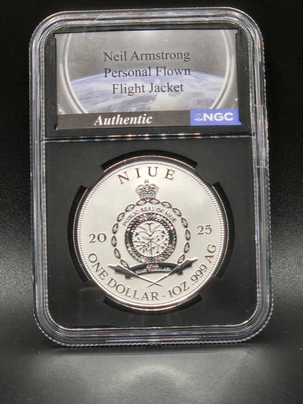 2025 Niue Apollo 11 Landing 1 oz Silver Proof Coin – NGCX Reverse PF10 – Neil Armstrong Flight Jacket Relic