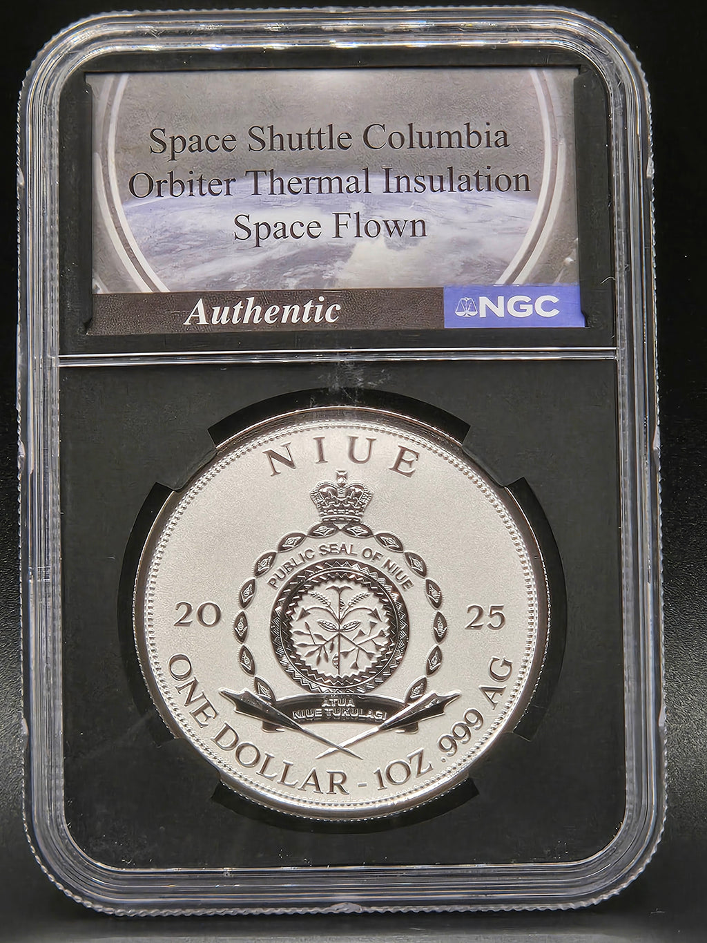 2025 Niue $1 Space Shuttle Columbia NGCX Reverse PF10 BullionPLUS – Space Flown Orbiter Thermal Insulation