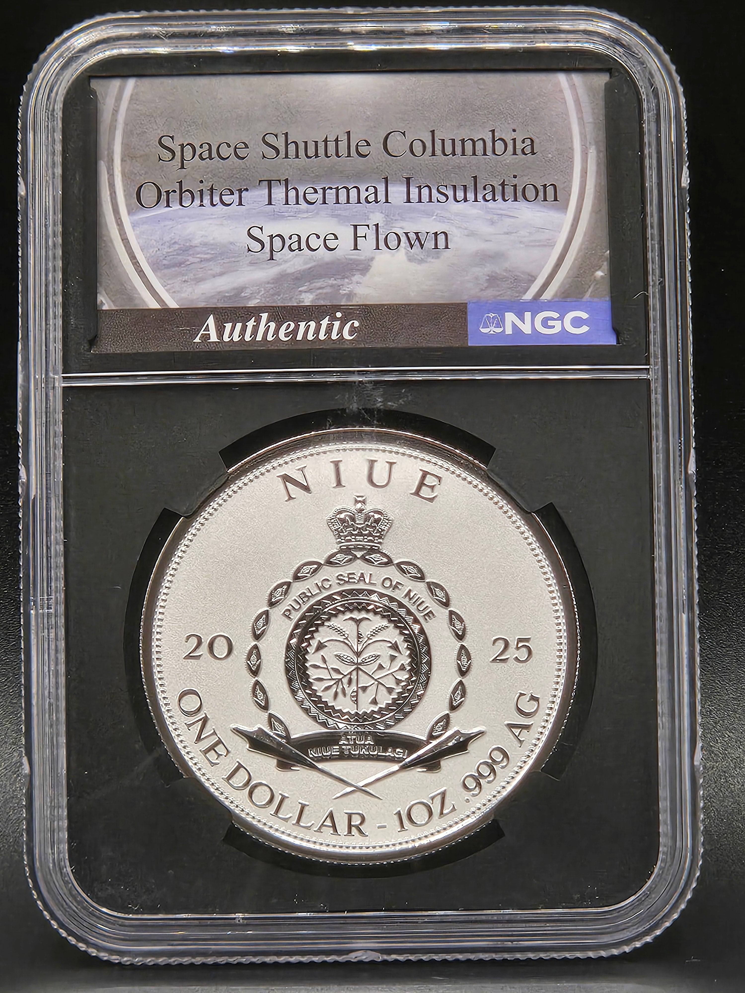 2025 Niue $1 Space Shuttle Columbia NGCX Reverse PF10 BullionPLUS – Space Flown Orbiter Thermal Insulation
