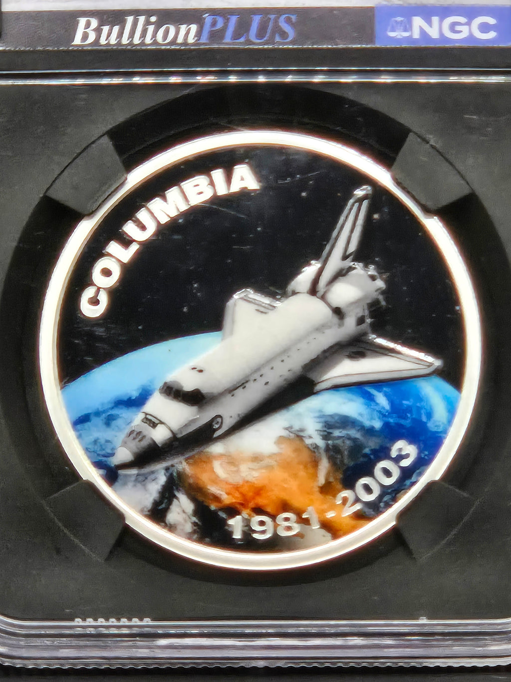 2025 Niue $1 Space Shuttle Columbia NGCX Reverse PF10 BullionPLUS – Space Flown Orbiter Thermal Insulation