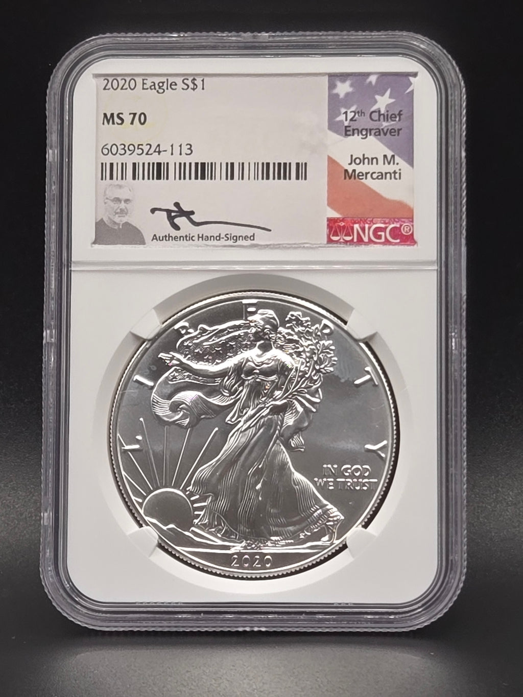 2020 American Silver Eagle MS70 – NGC Mercanti Signed Label – 1 oz .999 Silver