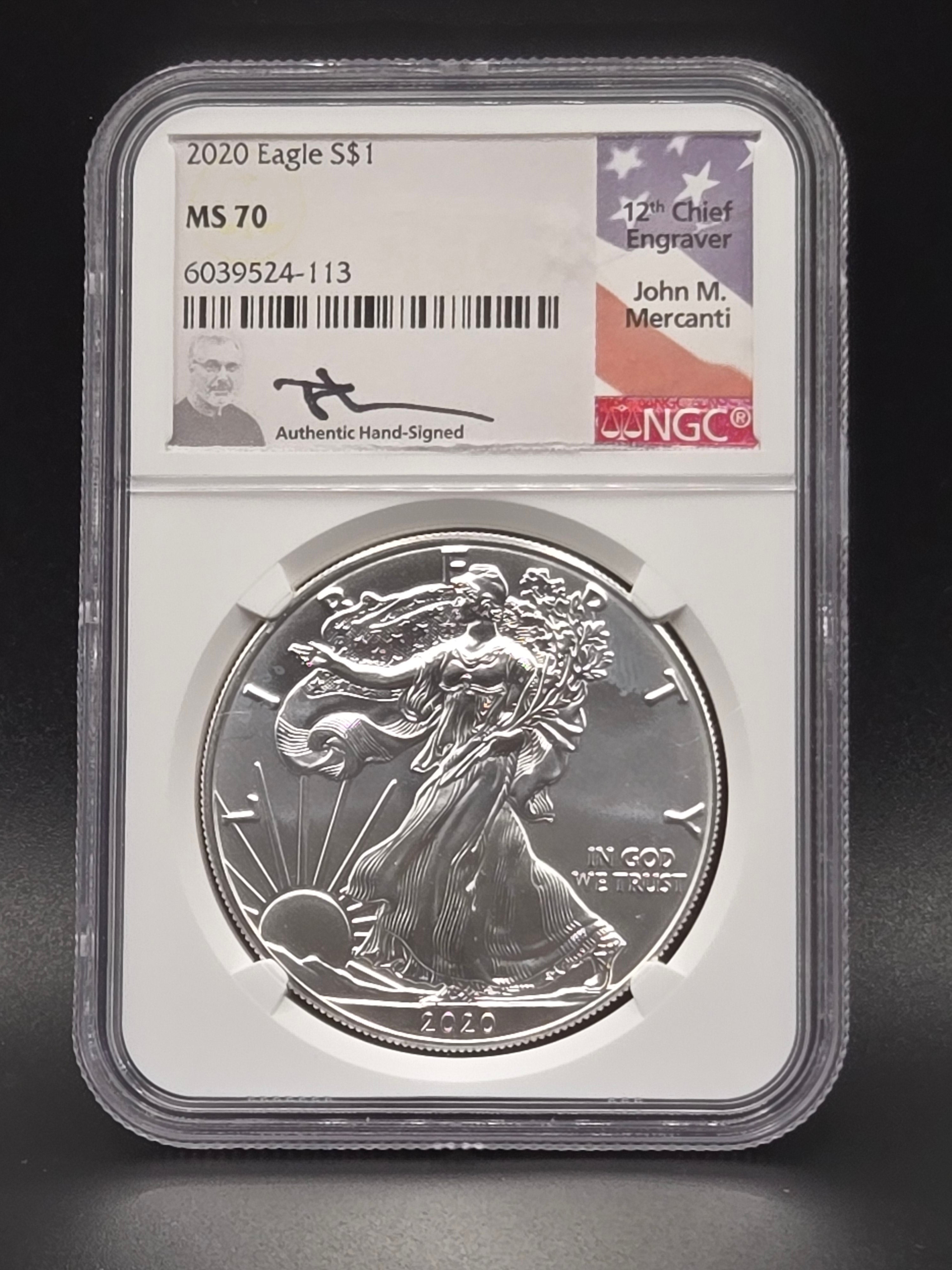 2020 American Silver Eagle MS70 – NGC Mercanti Signed Label – 1 oz .999 Silver