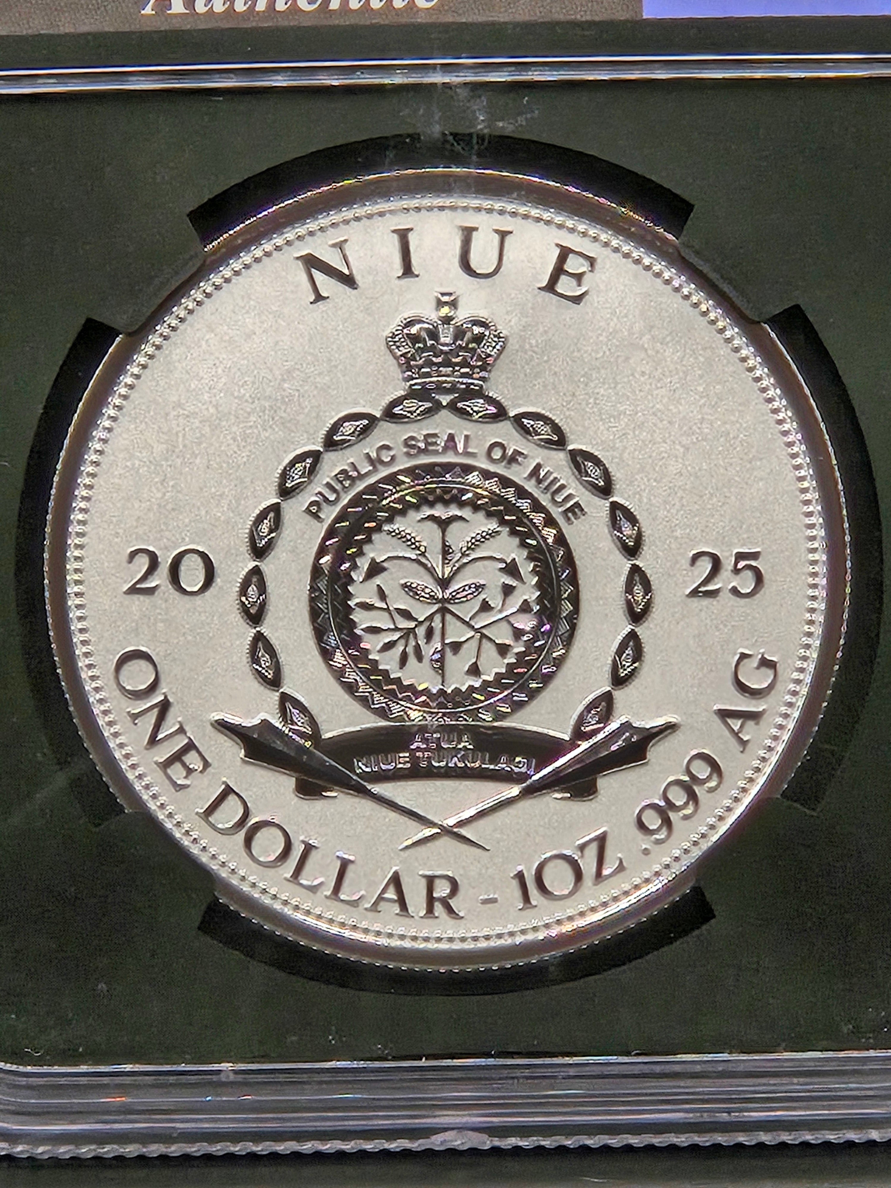 2025 Niue $1 Space Shuttle Columbia NGCX Reverse PF10 BullionPLUS – Space Flown Orbiter Thermal Insulation