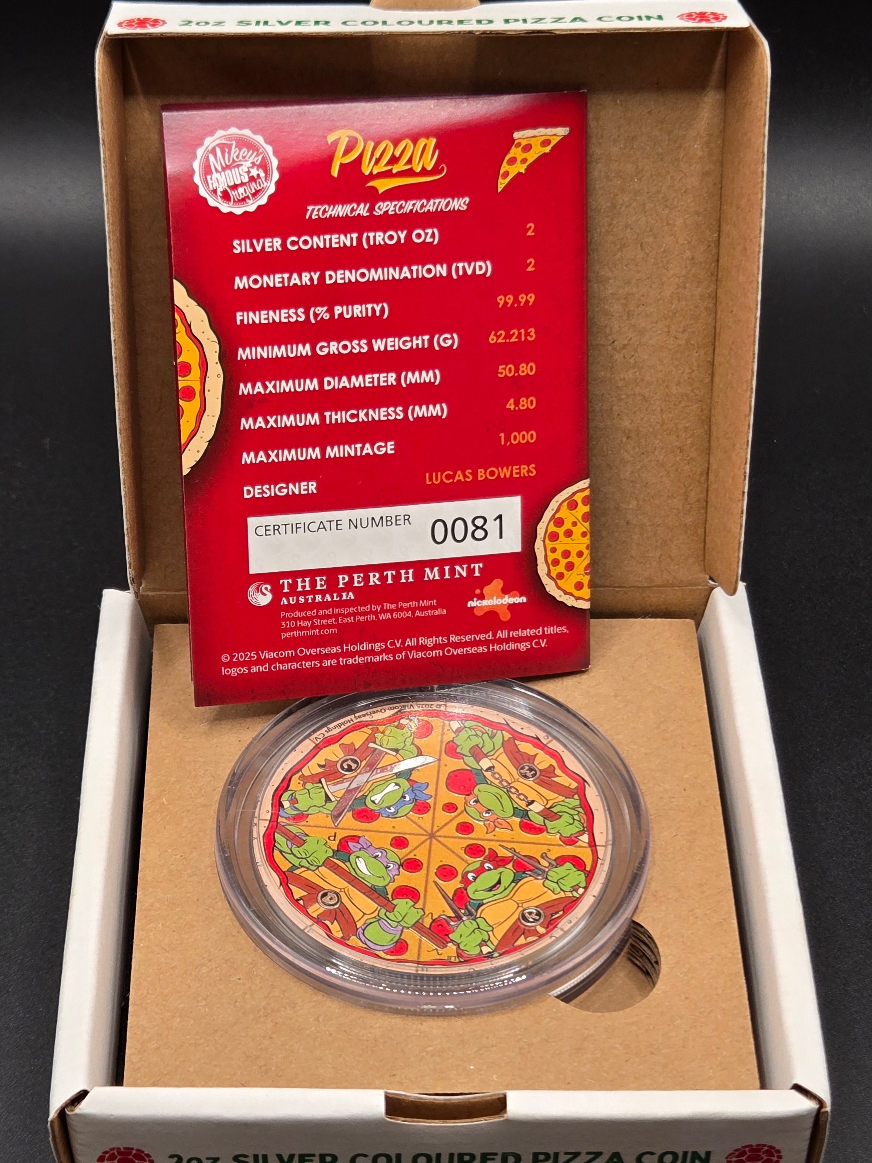 Teenage Mutant Ninja Turtles 2 oz Silver Colored Pizza Coin – Perth Mint – 999.9 Silver – Box & COA