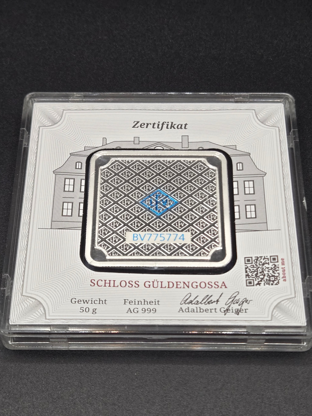 Geiger Edelmetalle 50g Silver Bar – Schloss Güldengossa – 999 Fine Silver w/ Certificate Assay