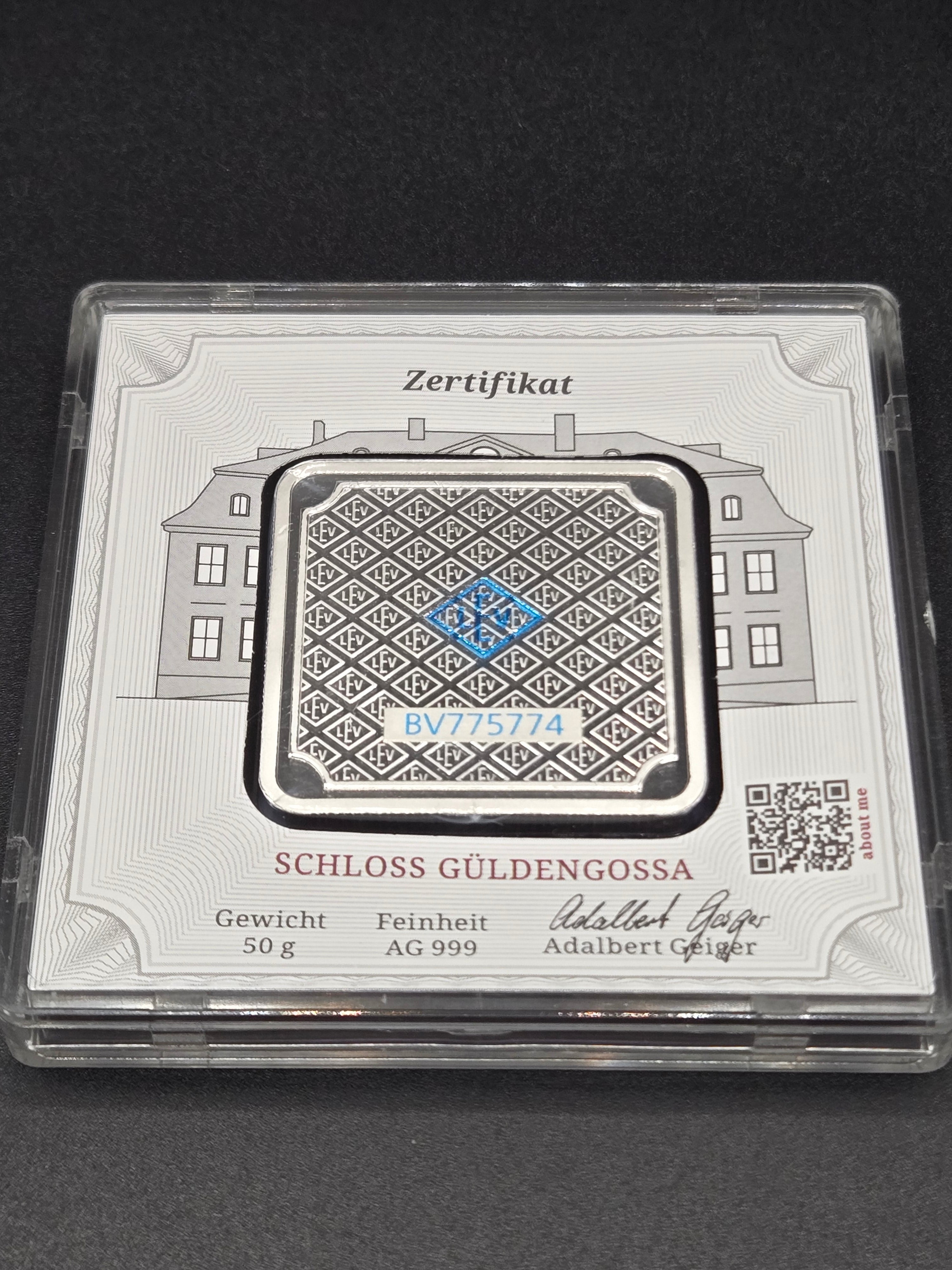 Geiger Edelmetalle 50g Silver Bar – Schloss Güldengossa – 999 Fine Silver w/ Certificate Assay