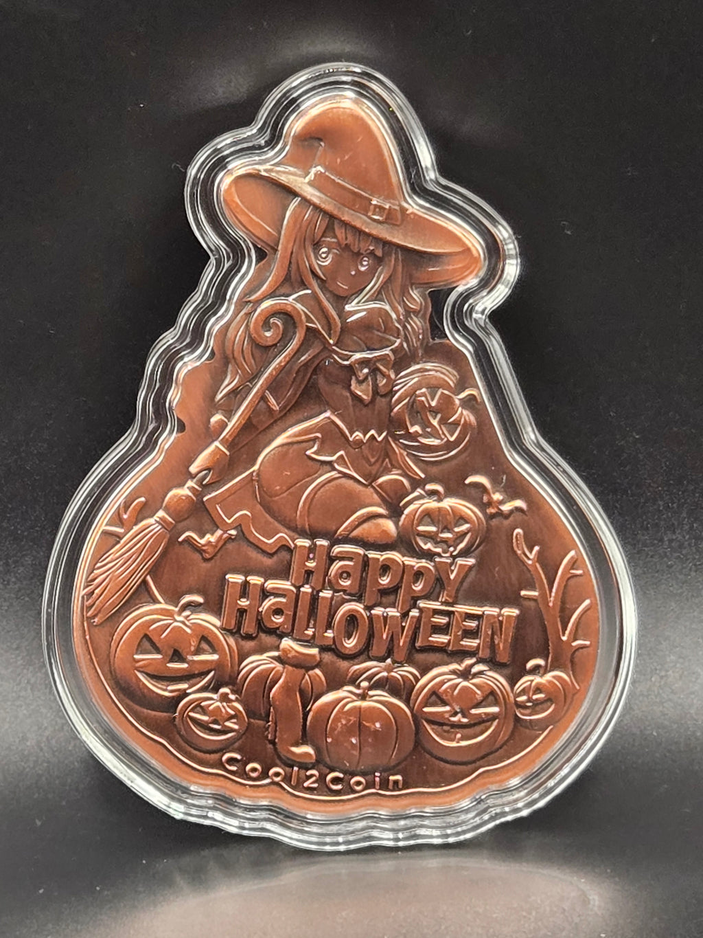 Halloween Witch Pumpkin 2 oz Copper Round – Colorized Shaped COOZCOIN – .999 Fine Copper