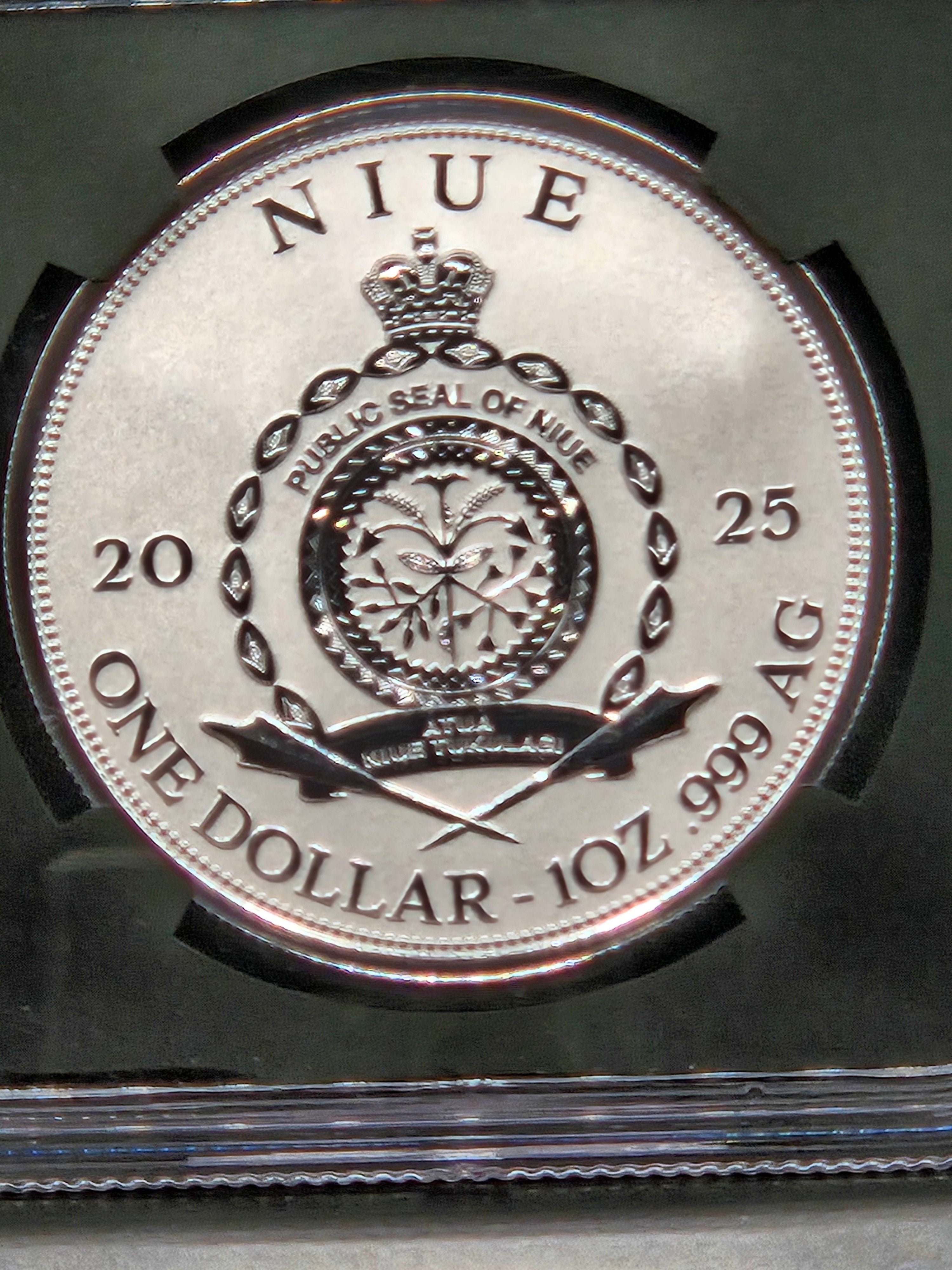 2025 Niue Apollo 11 Landing 1 oz Silver Proof Coin – NGCX Reverse PF10 – Neil Armstrong Flight Jacket Relic