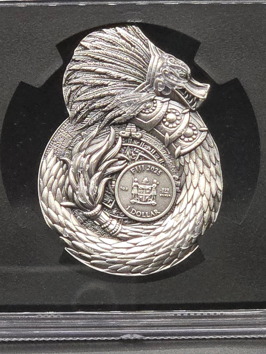 2025 Fiji Dragons of the World – Aztec-Mayan Dragon 1 oz Silver Antiqued – NGC MS70