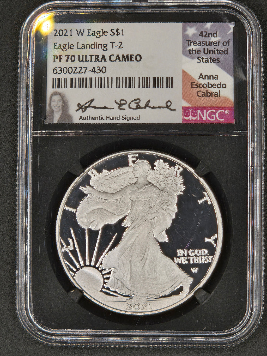 2021-W American Silver Eagle Proof Type 2 NGC PF70 Ultra Cameo – Anna Cabral Signed Label