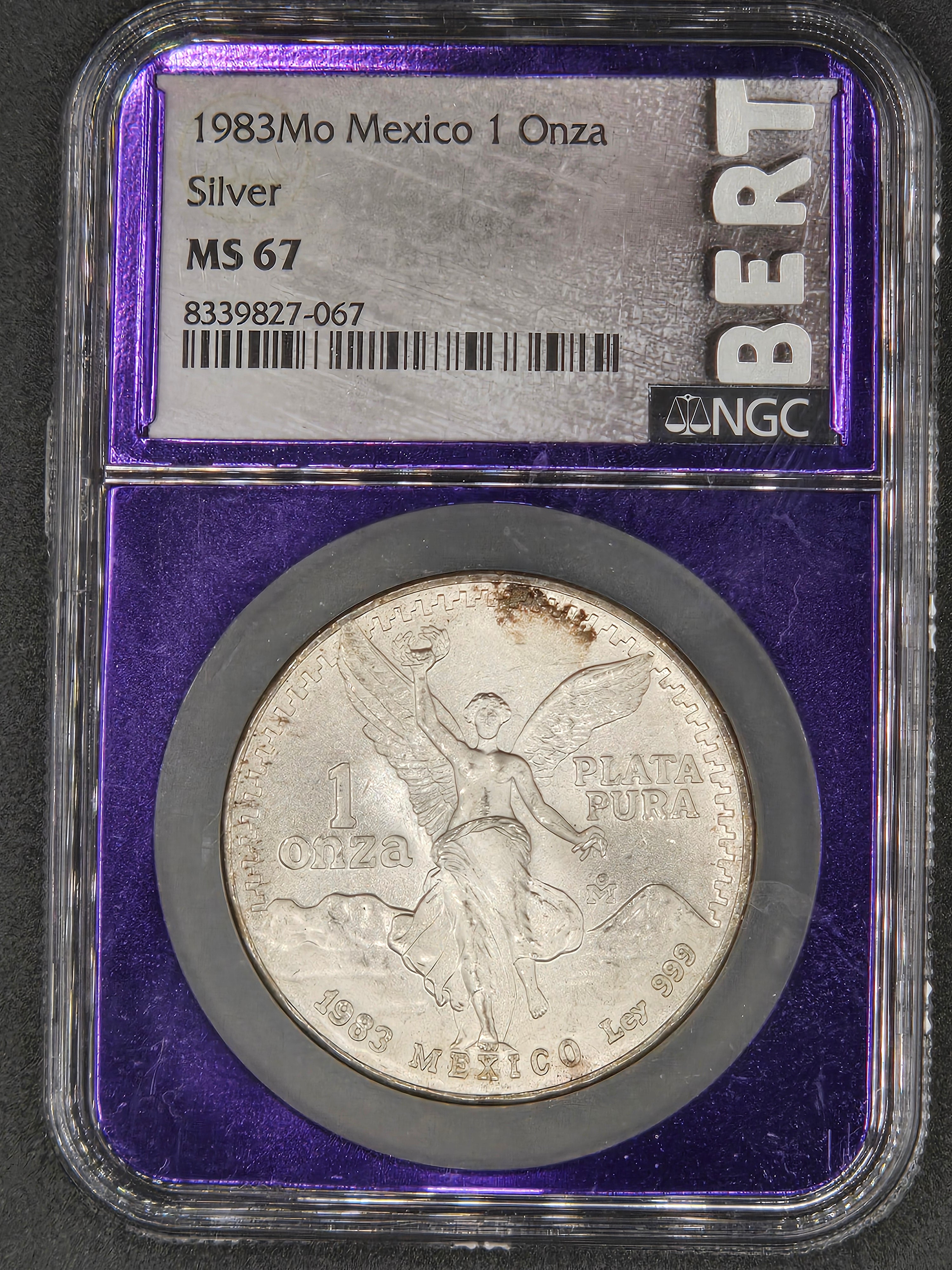 1983 Mo Mexico 1 Onza Silver Libertad – NGC MS67 – Early Date Libertad .999 Silver