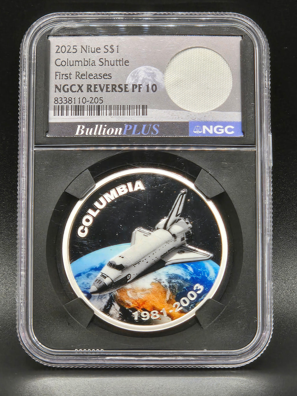 2025 Niue $1 Space Shuttle Columbia NGCX Reverse PF10 BullionPLUS – Space Flown Orbiter Thermal Insulation