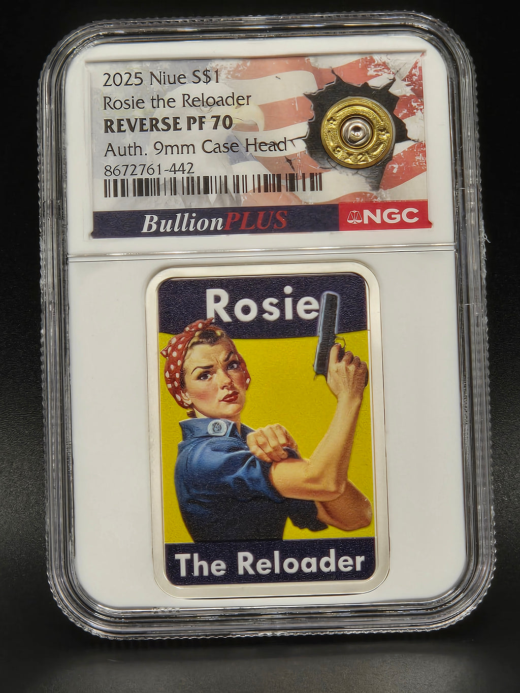 2025 Niue $1 Rosie the Reloader Silver Coin NGC Reverse PF70 – BullionPLUS Authentic 9mm Case Head