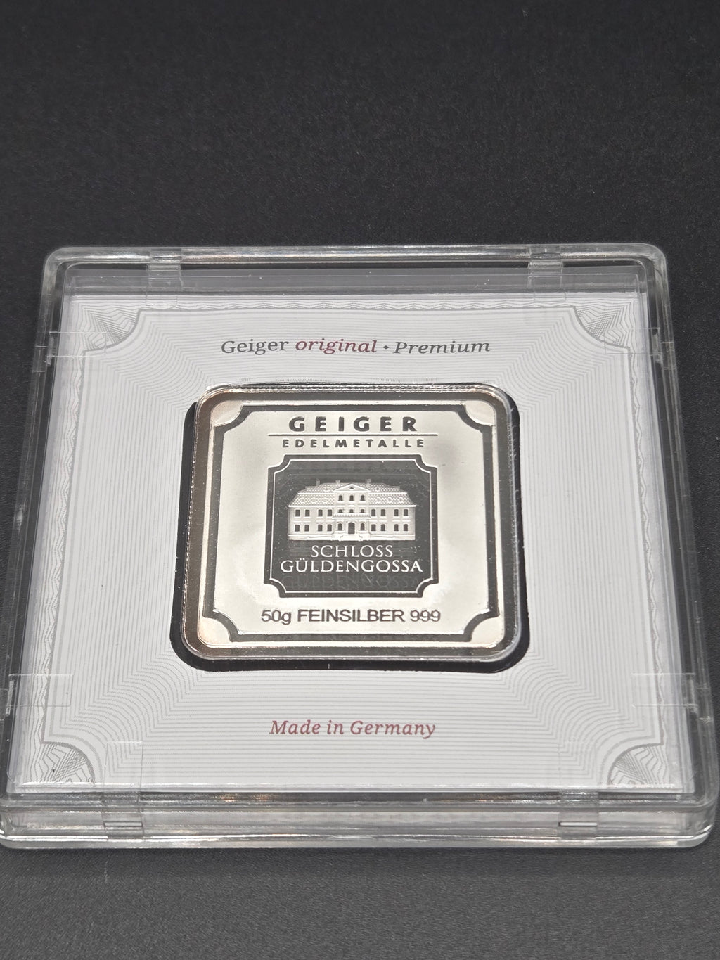 Geiger Edelmetalle 50g Silver Bar – Schloss Güldengossa – 999 Fine Silver w/ Certificate Assay