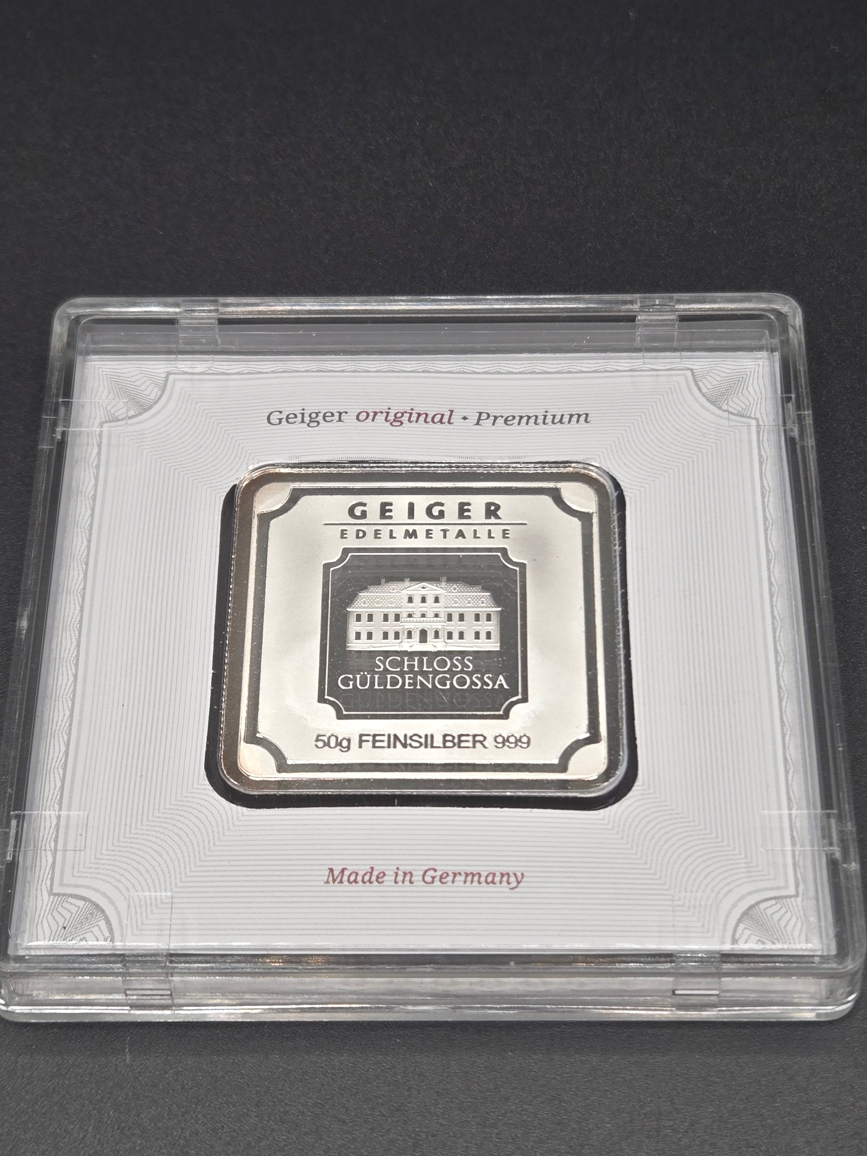 Geiger Edelmetalle 50g Silver Bar – Schloss Güldengossa – 999 Fine Silver w/ Certificate Assay