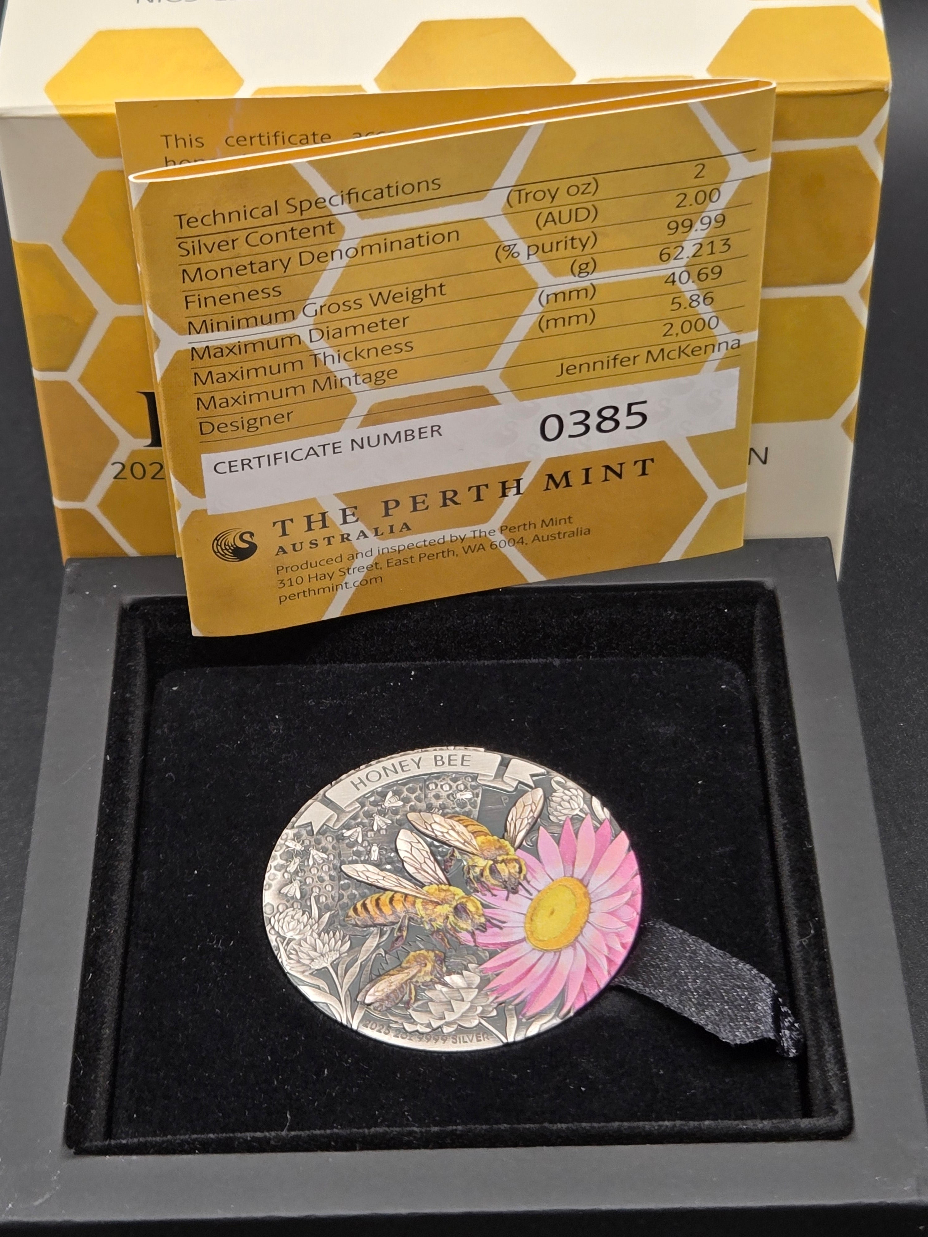 2025 Honey Bee 2 oz Silver Antiqued Colorized Coin – Perth Mint – Limited Mintage 2,000 – With Box & COA