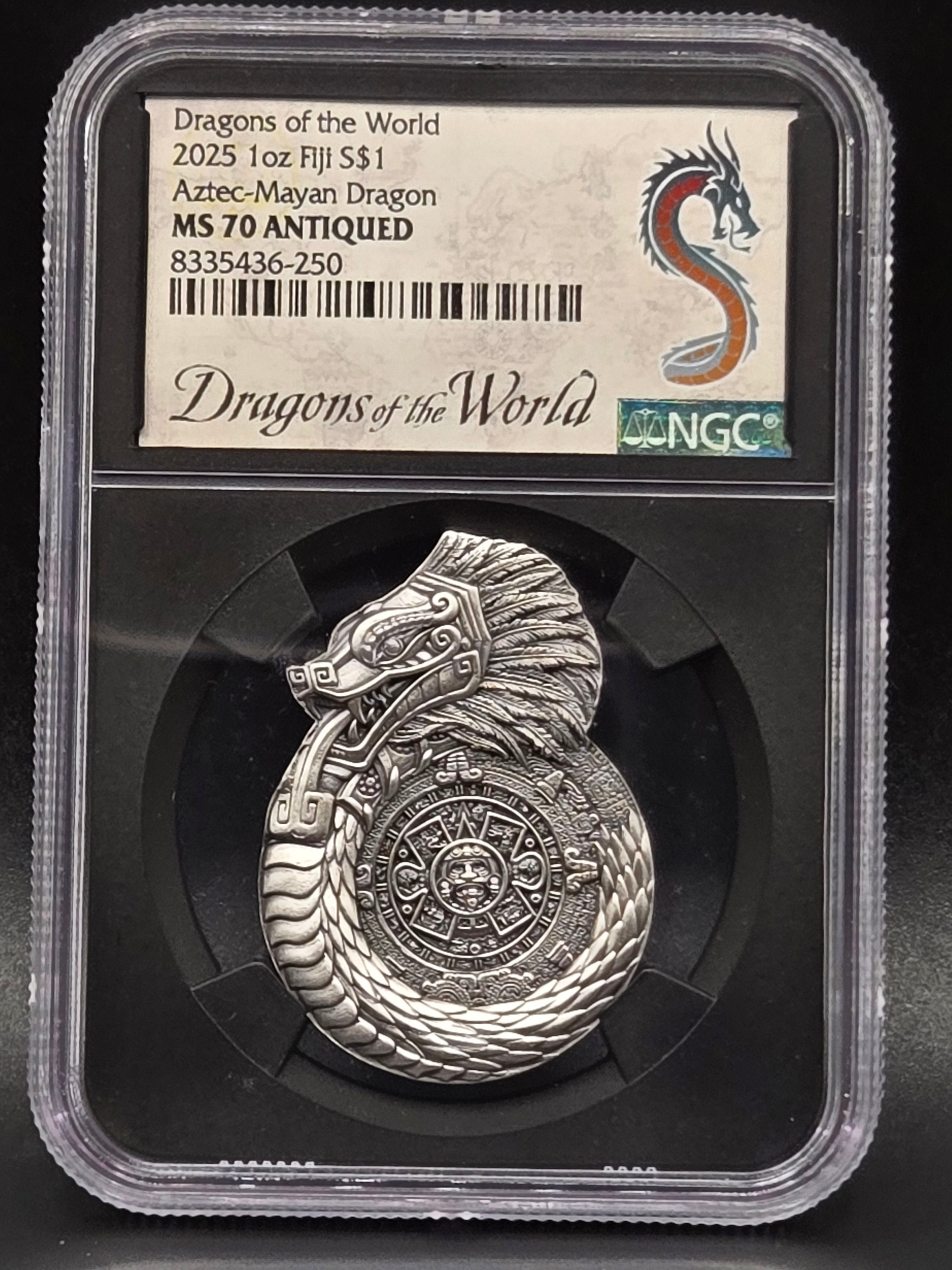 2025 Fiji Dragons of the World – Aztec-Mayan Dragon 1 oz Silver Antiqued – NGC MS70
