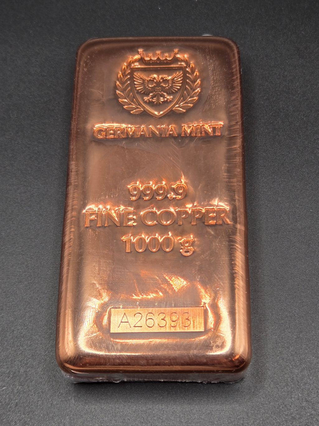 Germania Mint 1 Kilo Copper Bar – 999.9 Fine Copper – 1000g w/ Box & Serial Number