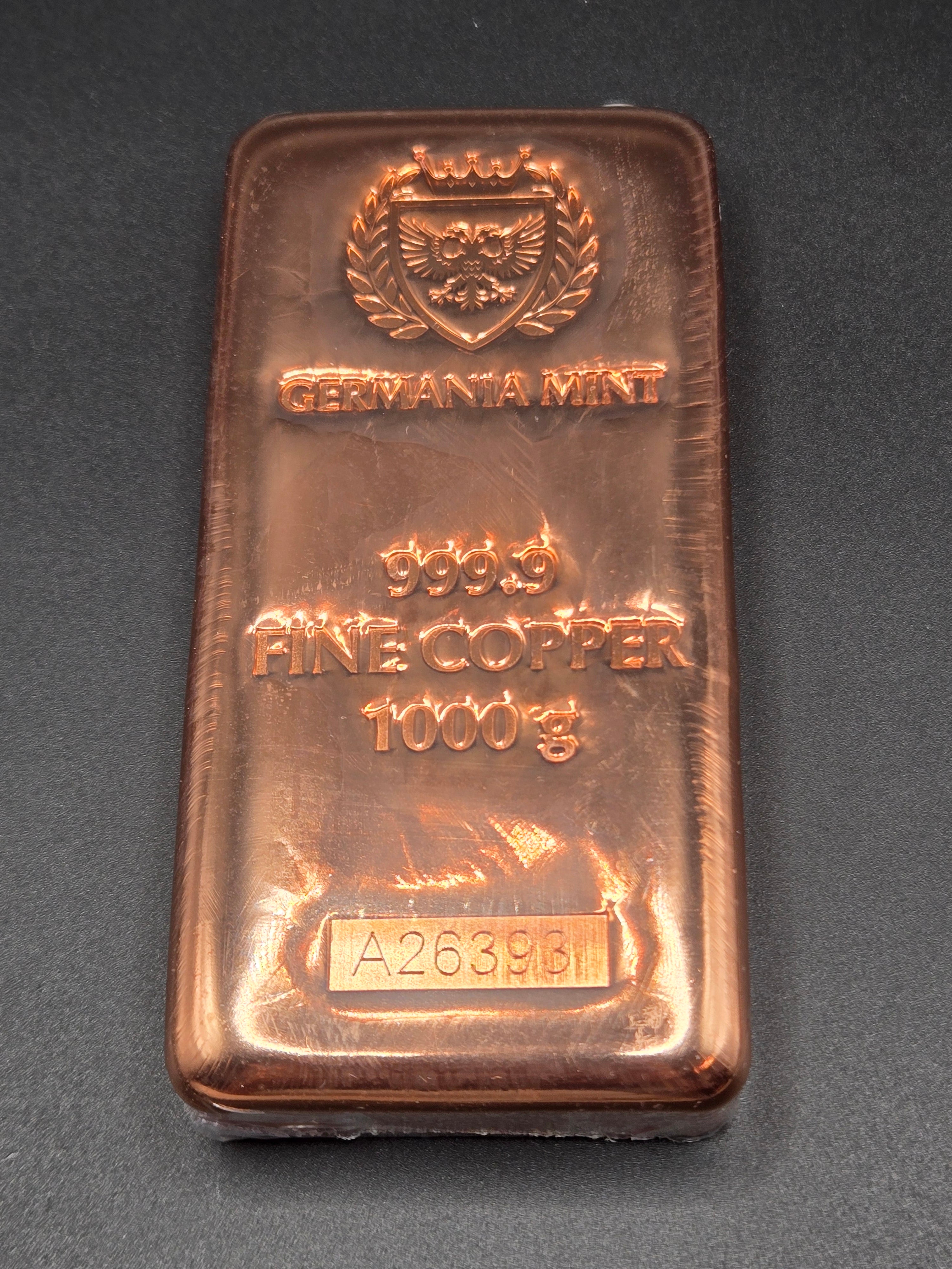 Germania Mint 1 Kilo Copper Bar – 999.9 Fine Copper – 1000g w/ Box & Serial Number