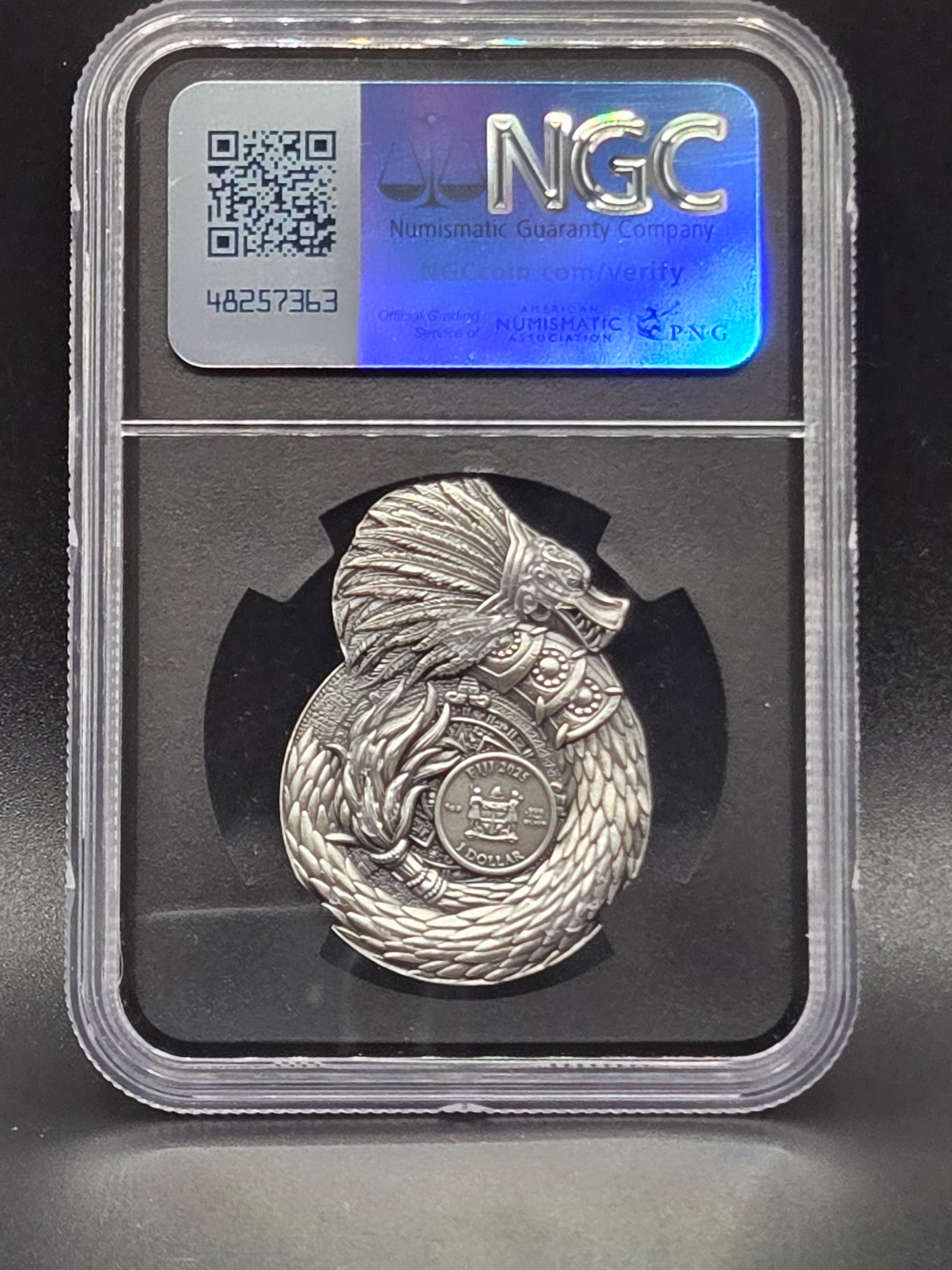2025 Fiji Dragons of the World – Aztec-Mayan Dragon 1 oz Silver Antiqued – NGC MS70